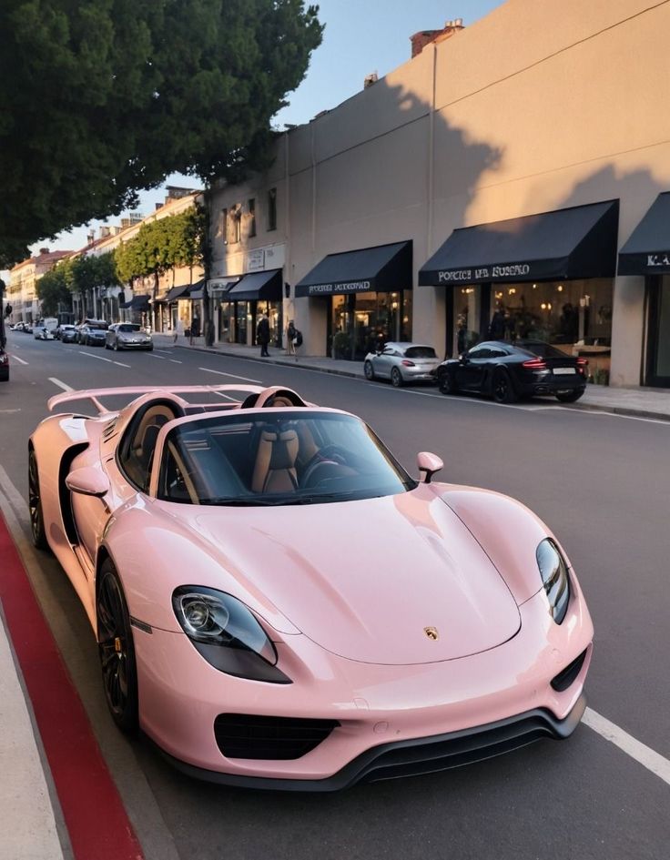This may contain: a pink sports car is parked on the side of the road in front of shops