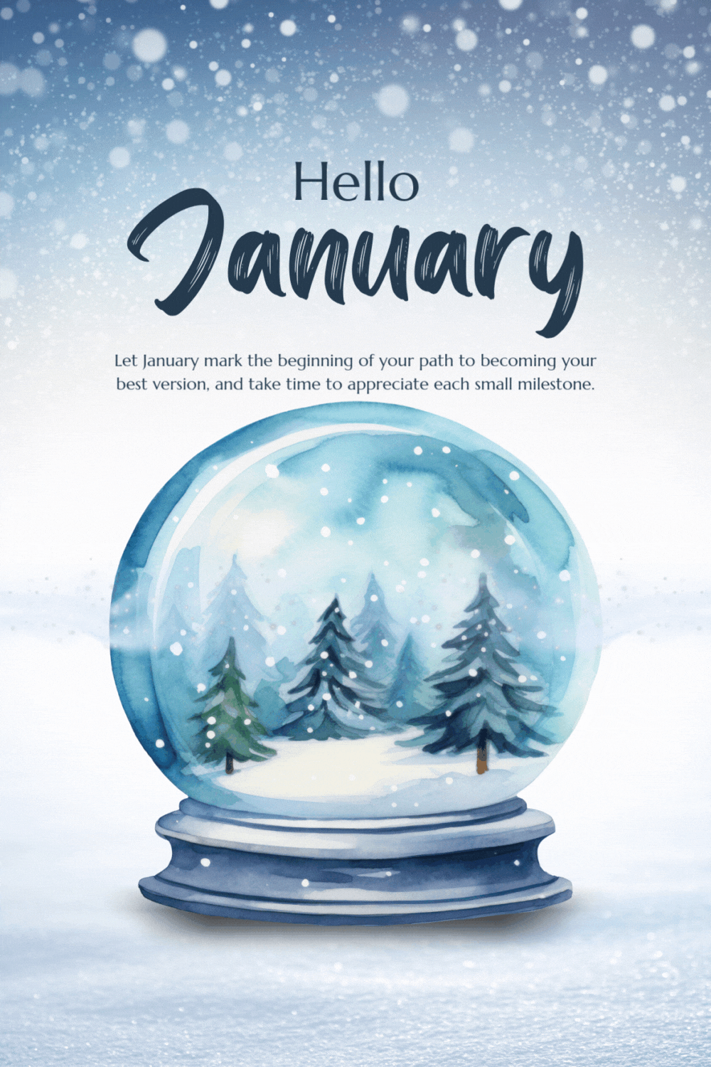 This may contain: a snow globe with trees inside it and the words hello january written in black ink