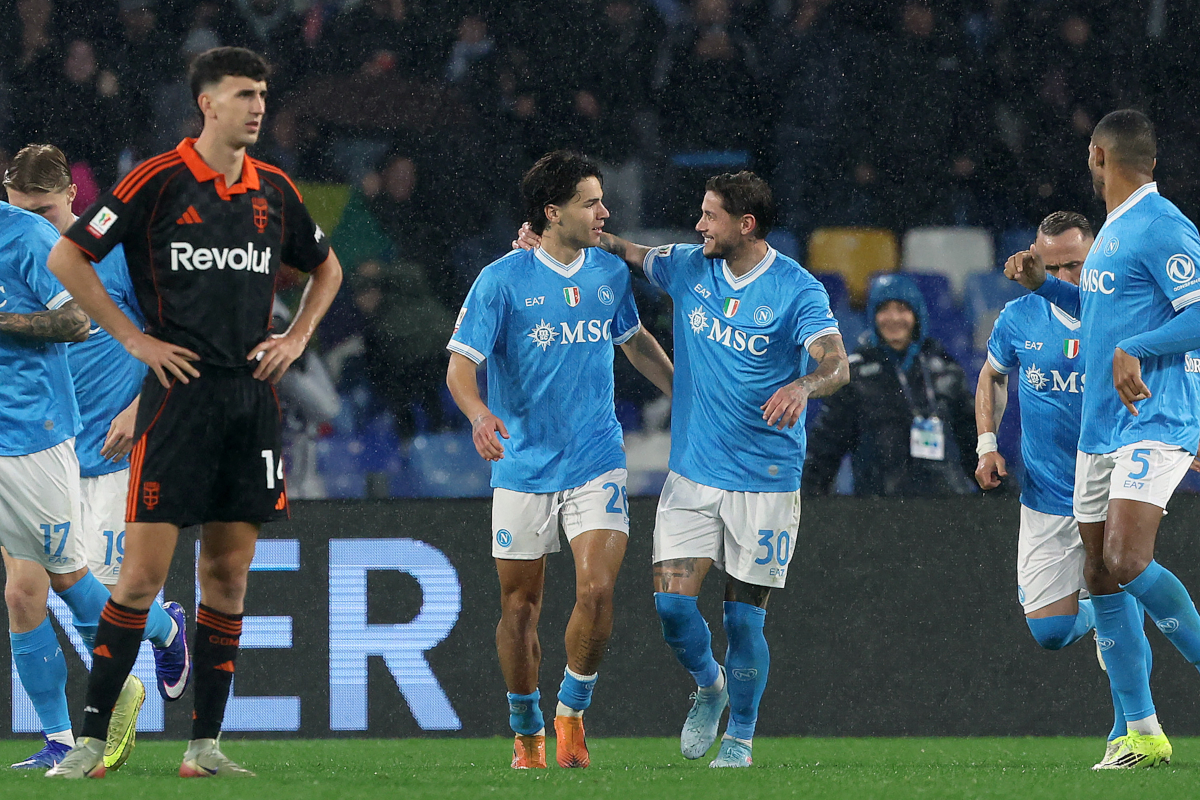 NAPLES, ITALY - FEBRUARY 10: Antonio Vergara of SSC Napoli celebrates with teammate Pasquale Mazzocchi after scoring his team's first goal during the Coppa Italia match between SSC Napoli and Como 1907 at Stadio Diego Armando Maradona on February 10, 2026 in Naples, Italy. (Photo by Francesco Pecoraro/Getty Images)