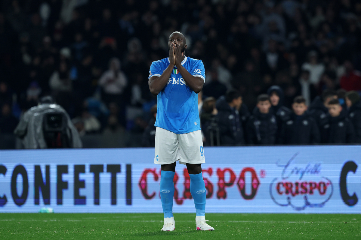 NAPLES, ITALY - FEBRUARY 10: Romelu Lukaku of SSC Napoli reacts after missing a penalty in the penalty shootout during the Coppa Italia match between SSC Napoli and Como 1907 at Stadio Diego Armando Maradona on February 10, 2026 in Naples, Italy. (Photo by Francesco Pecoraro/Getty Images)
