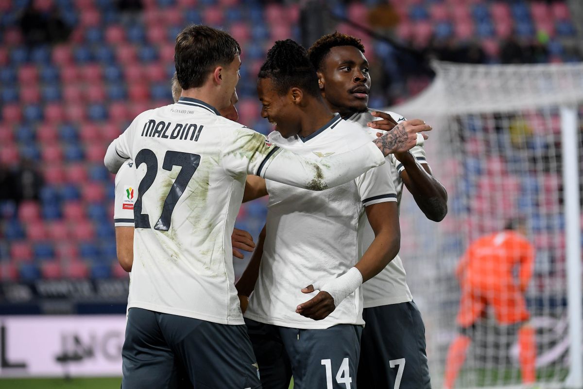 BOLOGNA, ITALY - FEBRUARY 11: Tijjani Nolsin of SS Lazio celebrates scoring his team's first goal during the Coppa Italia match between Bologna FC and SS Lazio at the Renato Dall'Ara Stadium on February 11, 2026 in Bologna, Italy. (Photo by Marco Rosi - SS Lazio/Getty Images)