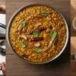 panchdal tadka garnished with fresh coriander leaves and served with rice or roti
