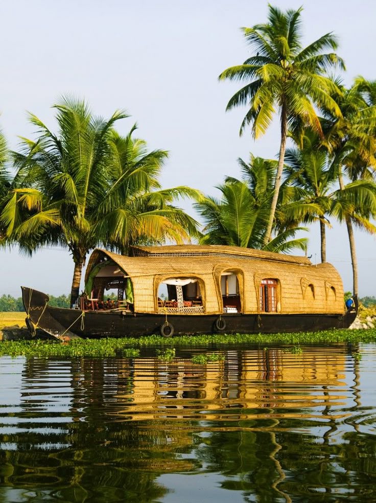 This may contain: a house boat on the water with palm trees in the background