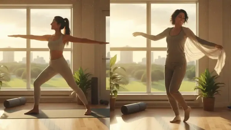 A side-by-side split image showing two scenes of movement in a sunlit studio. On the left, a woman in gray athletic wear performs a yoga warrior pose. On the right, a woman in comfortable loungewear dances joyfully with a flowing white scarf. Both scenes feature large windows overlooking a green park.