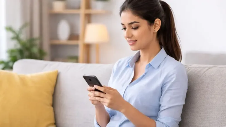 A woman sitting straight on the sofa, looking at her mobile phone