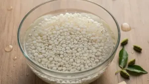 Soaked sabudana pearls in a glass bowl.