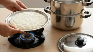 Steaming dhokla on gas stove.