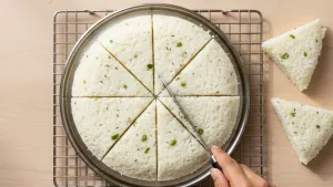 Cutting steamed dhokla into slices.