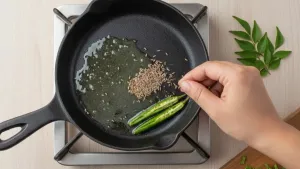 Tempering cumin and green chilies in pan.