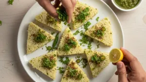 Vrat dhokla garnished with coriander and chilies.