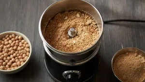Grinding roasted peanuts into powder