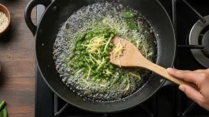 Adding green chilies and ginger to hot oil
