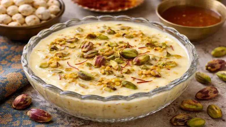 Saffron pistachio pudding garnished with chopped pistachios and saffron strands in a glass bowl.