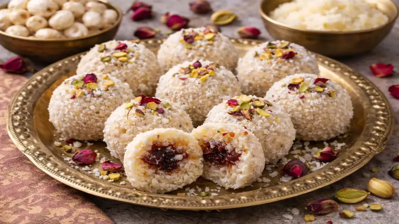 Gulakand makhana laddus coated with coconut and garnished with pistachios and rose petals on a brass plate.