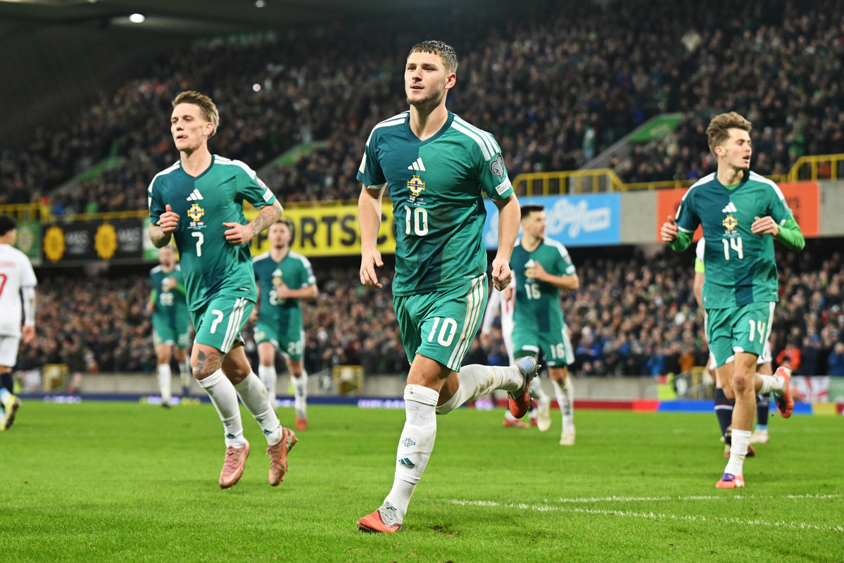 BELFAST, NORTHERN IRELAND - NOVEMBER 17: Jamie Donley of Northern Ireland celebrates scoring his team's first goal during the FIFA World Cup 2026 qualifier match between Northern Ireland and Luxembourg at Windsor Park on November 17, 2025 in Belfast, Northern Ireland. (Photo by Charles McQuillan/Getty Images)