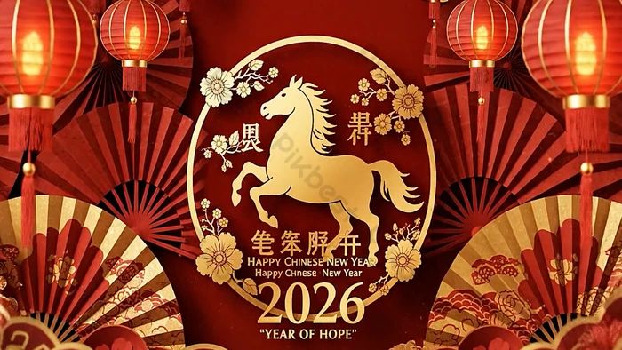 This may contain: a red and gold chinese new year's card with a horse in the center