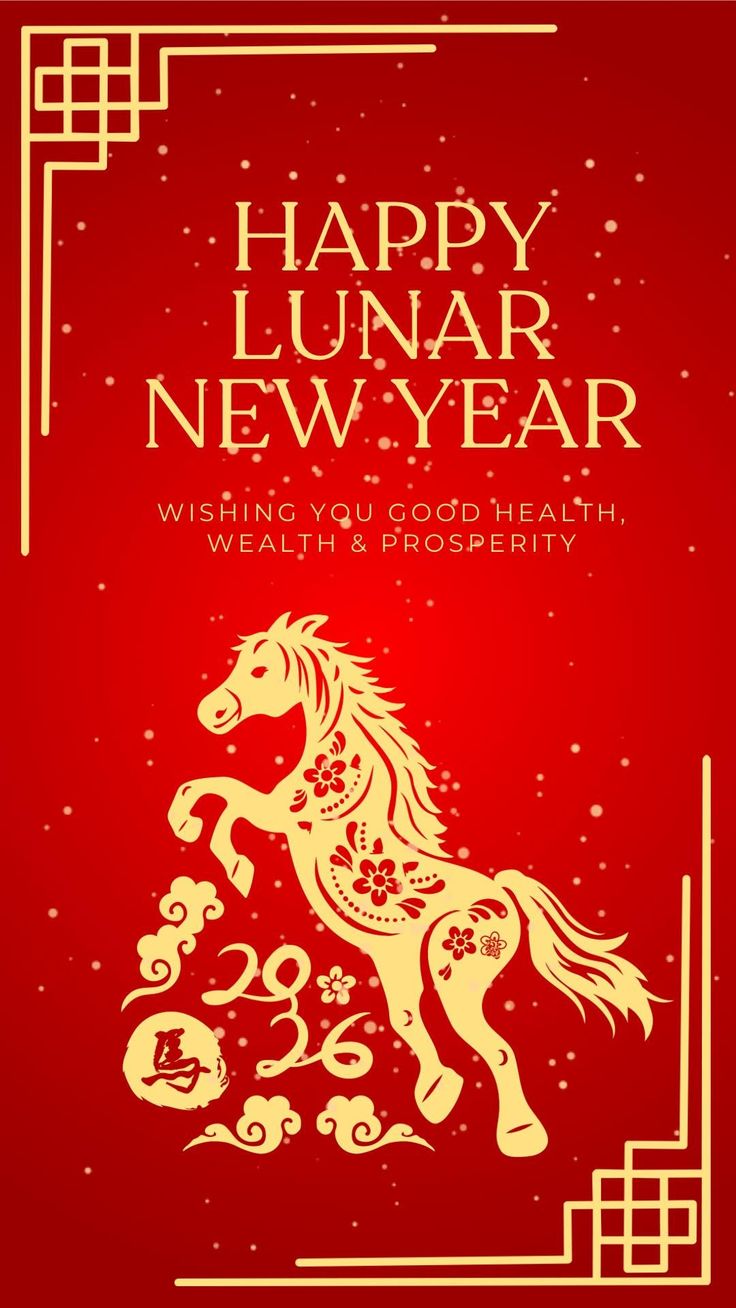This may contain: a red and gold chinese new year card with a horse in the middle, surrounded by stars