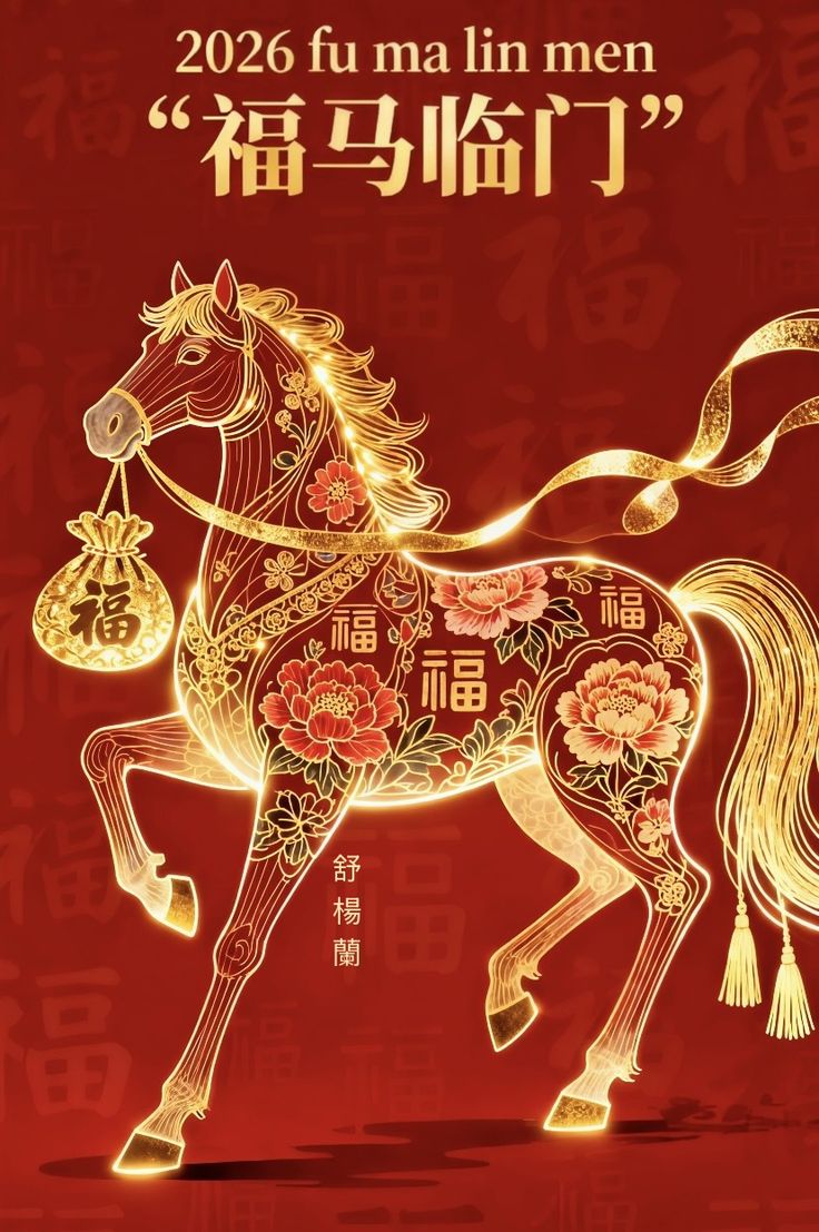 This may contain: a chinese new year card with a horse and flowers on the front, in gold lettering