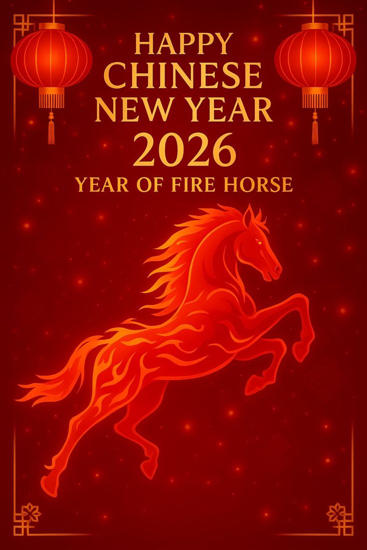 This may contain: a red chinese new year card with a horse on it's back and lanterns in the background