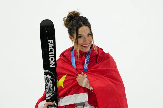 Silver medalist Eileen Gu celebrates after the womens freestyle skiing big air finals at the 2026 Winter Olympics, in Livigno, Italy, Monday, Feb. 16, 2026. Photo by AP