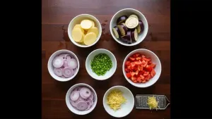 Potatoes, eggplant, onions, and tomatoes thinly sliced, with chopped green chilies and grated ginger kept ready for cooking.