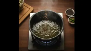 Mustard seeds and cumin seeds spluttering in hot oil inside a pressure cooker, releasing aroma.