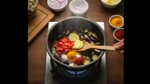 Potatoes and eggplant cooking with tomatoes, turmeric, red chili powder, and salt mixed together in the cooker.