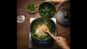 Chopped spinach, sorrel leaves, soaked chana dal, and water added to the cooker before pressure cooking.