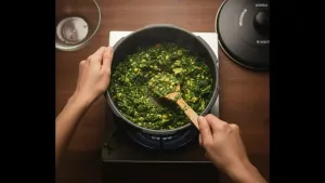 Cooked saag and lentil mixture being gently mashed with a ladle to create a thick, blended texture.