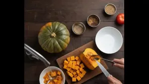 Pumpkin washed, peeled, seeds removed, and cut into small uniform pieces for even cooking
