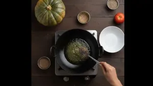 Mustard seeds added to hot oil, followed by cumin seeds, sizzling and releasing aroma