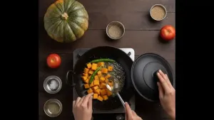 Chopped green chilies and pumpkin added to the pan, salted, stirred, and covered to cook for 5 minutes until slightly soft