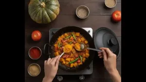 Chopped tomatoes, turmeric, red chili powder, and coriander powder added to pumpkin, mixed well, and cooked until fully soft and flavorful.