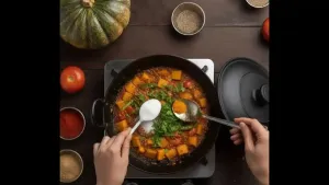 Optional 2 teaspoons sugar added for sweet-spicy taste; chopped fresh coriander sprinkled on top and mixed before turning off the heat."