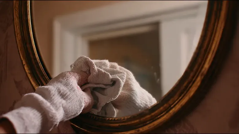 cleaning mirror with old socks