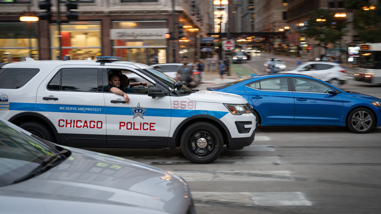 A Chicago police car on the road.