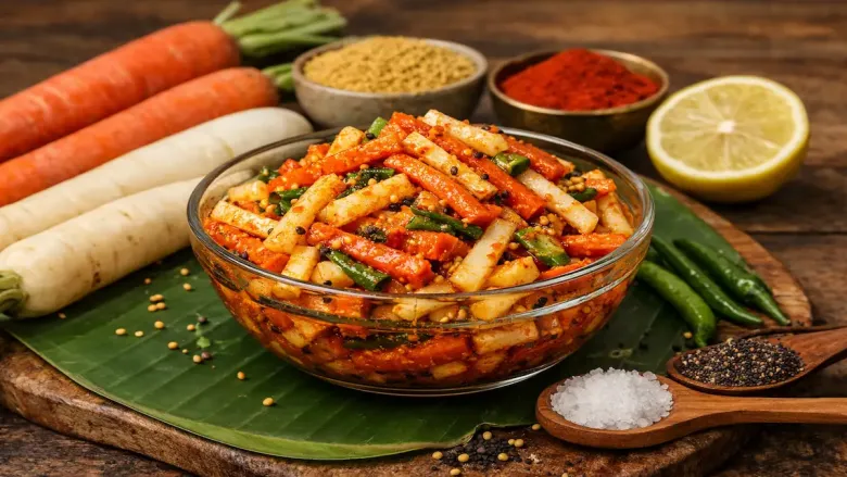 carrot radish pickle in a bowl besides some carrots, radish, lemon