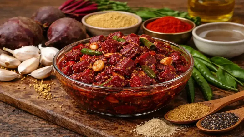 beetroot pickle in the bowl besides some spices