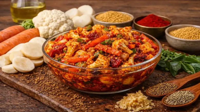 turnip cauliflower pickle in a bowl with some cauliflower and spices aside