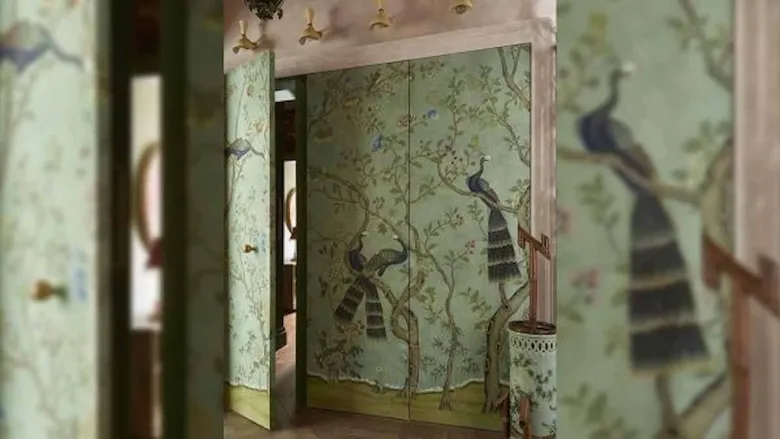 beautiful door with peacock theme glass painting