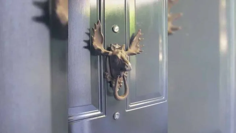Metal door knocker shaped like a deer head on a door