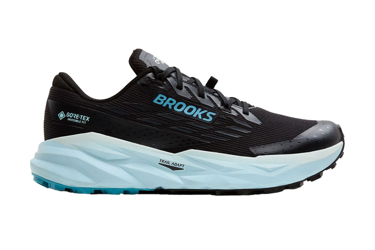 A Brooks Cascadia 19 GTX running shoe with GoreTex technology side profile view Brooks
