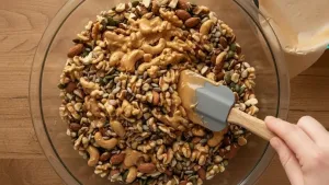 Spatula mixing nuts and seeds with peanut butter mixture.