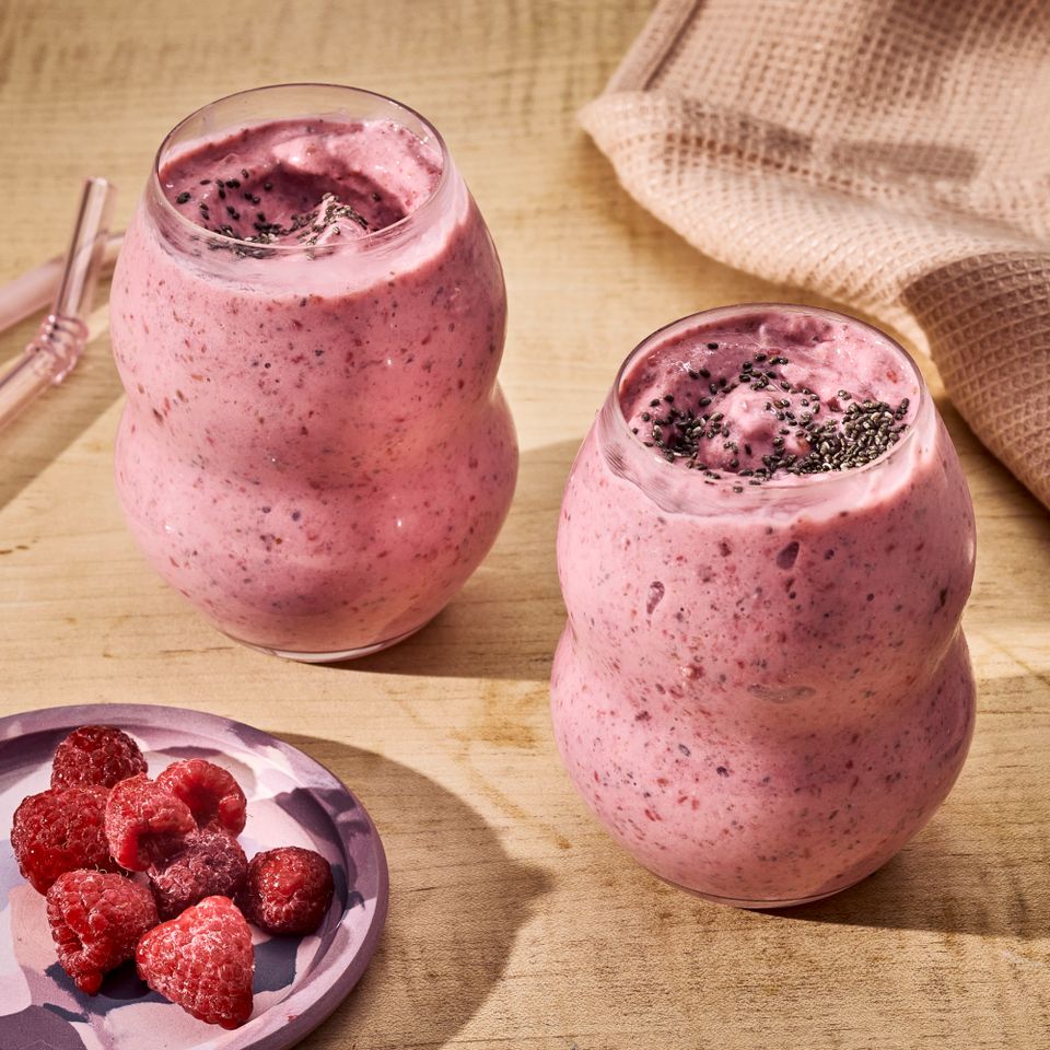 an image of the Raspberry-Peach-Chia Seed Smoothie Credit: Photographer: Morgan Hunt Glaze, Prop Stylist: Abby Armstrong, Food Stylist: Margaret Monroe Dickey
