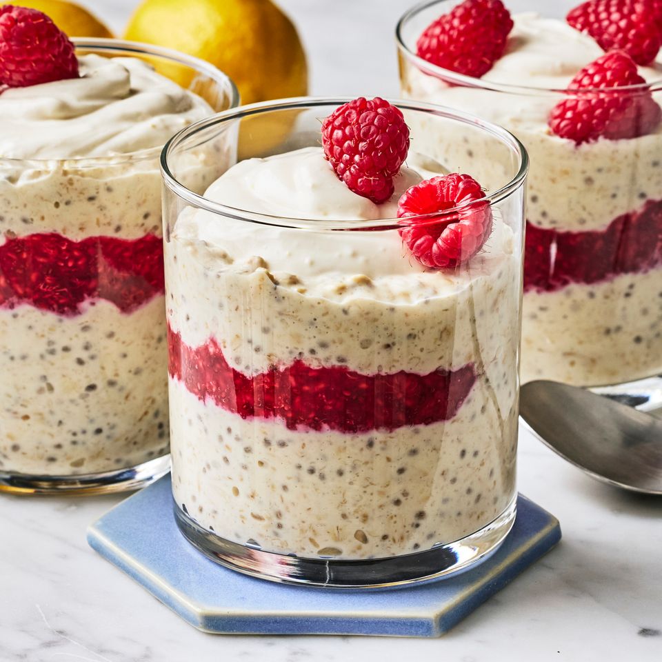 A recipe image of Raspberry-Lemon Cheesecake Overnight Oats Credit: Photographer: Greg Dupree, Prop Stylist: Julia Bayless, Food Stylist: Chelsea Zimmer.