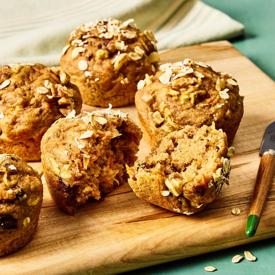 A recipe image of High-Protein Morning Glory Muffins Credit: Photographer: Morgan Hunt Ward, Prop Stylist: Priscilla Montiel, Food Stylist: Chelsea Zimmer.