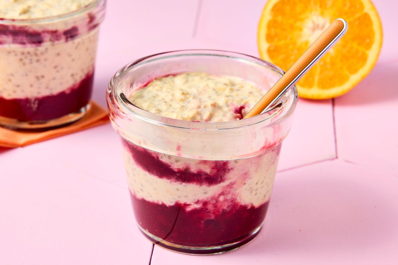 Recipe image of Cranberry-Orange Overnight Oats. Credit: Photographer: Robby Lozano, Food Stylist: Isabelle Easter, Prop Stylist: Keoshia McGhee