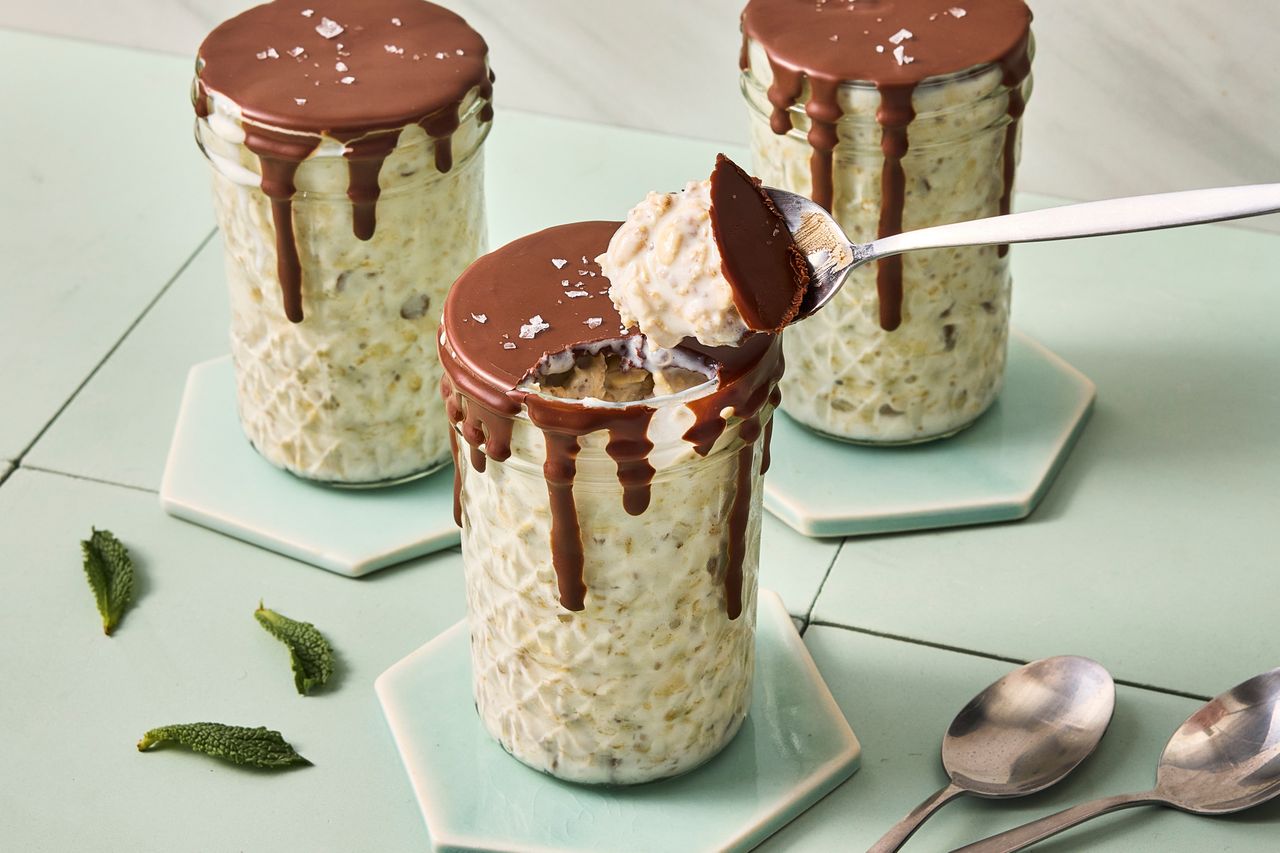an image of the York Peppermint Pattie–Inspired Overnight Oats Credit: Photographer: Hannah Hufham, Food Stylist: Nicole Hopper, Prop Stylist: Abby Armstrong