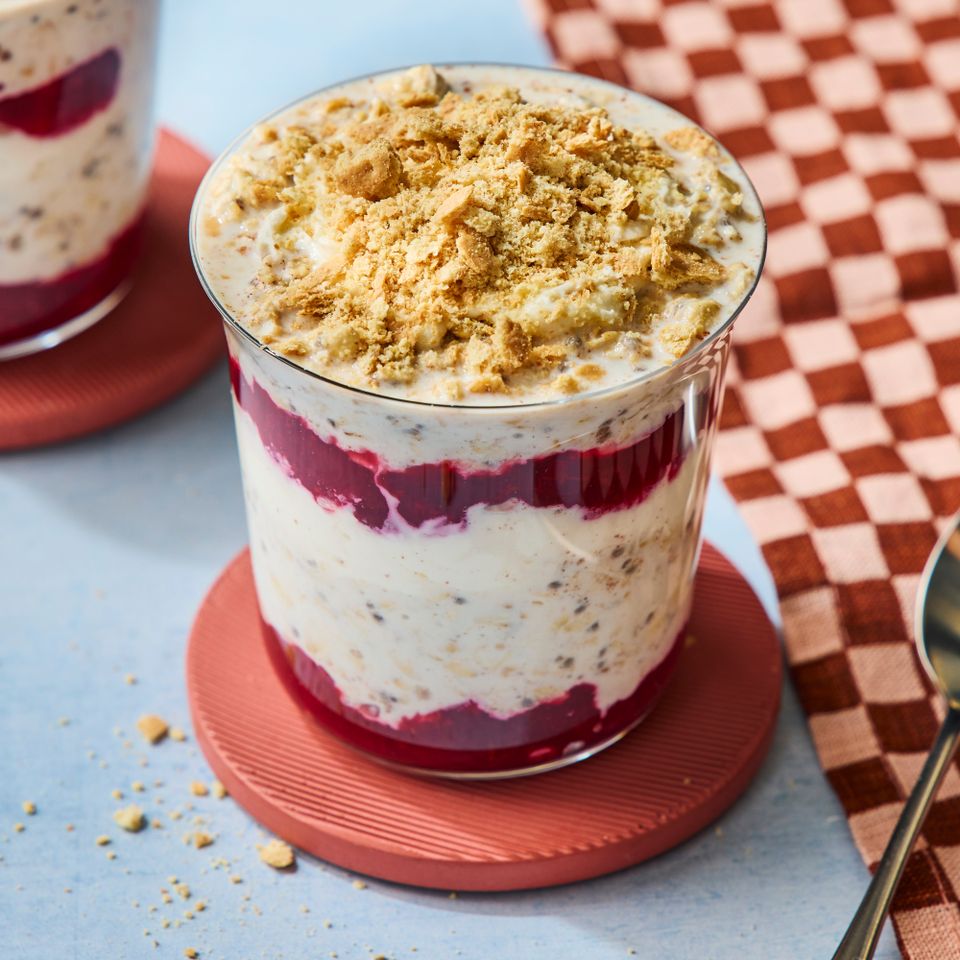 an image of the Cranberry Cheesecake Overnight Oats Credit: Photographer: Greg DuPree, Food Stylist: Chelsea Zimmer, Prop Stylist: Abby Armstrong