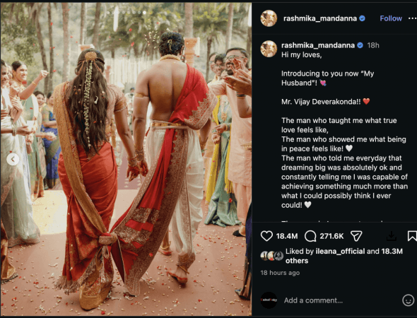 Vijay Deverakonda–Rashmika Mandanna wedding photos cross 18.4 million likes, surpassing Virat Kohli–Anushka Sharma's 3.4 million record Vijay Deverakonda–Rashmika Mandanna wedding photos cross 18.4 million likes, surpassing Virat Kohli–Anushka Sharma's 3.4 million record